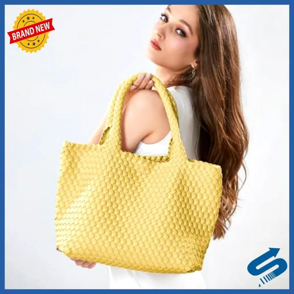 Vegan Leather Handwoven Tote Bag with Small Purse Large Braided Top Handle